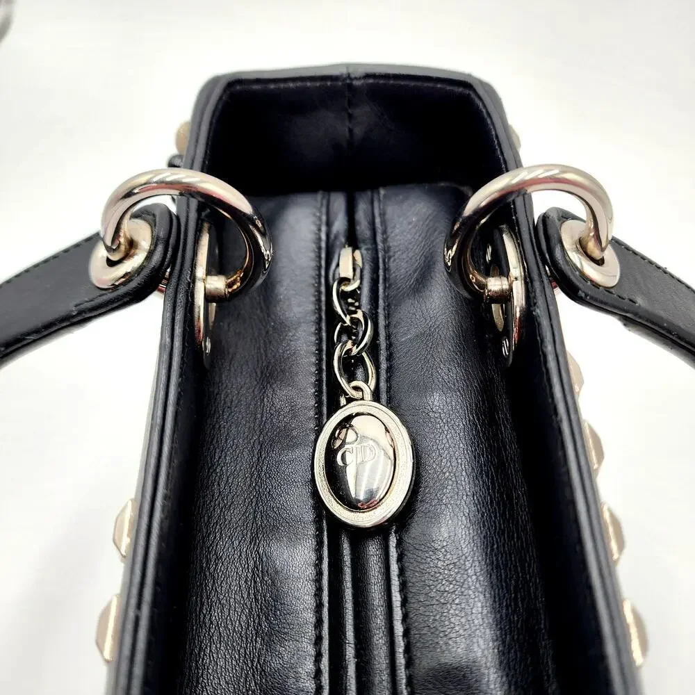 CHRISTIAN DIOR Black Leather Studs Embellished Medium Lady Dior Tote RARE - Picture 12 of 17